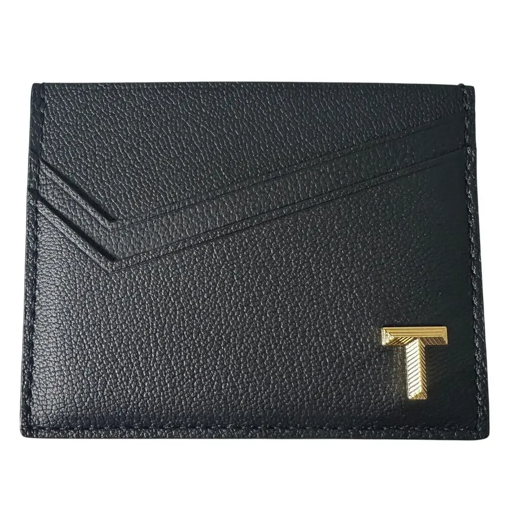 Tiffany & Co Black Leather Card Holder Wallet Gold T Logo Minimalist Luxury - Picture 1 of 11